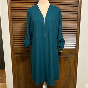 Express Teal Green Long Roll-up Tab Sleeve Dress with Front Zipper Size S